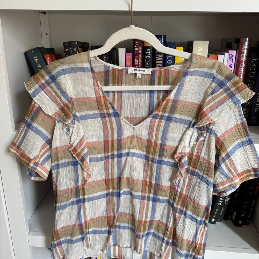 Madewell ivory plaid cotton lightweight ruffle puff sleeve blouse shirt top - Picture 2 of 6
